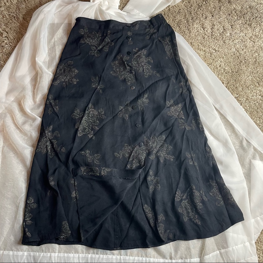 Vintage Black Floral Maxi Skirt | Front Slit Boho Y2K Grunge Style | Size 10